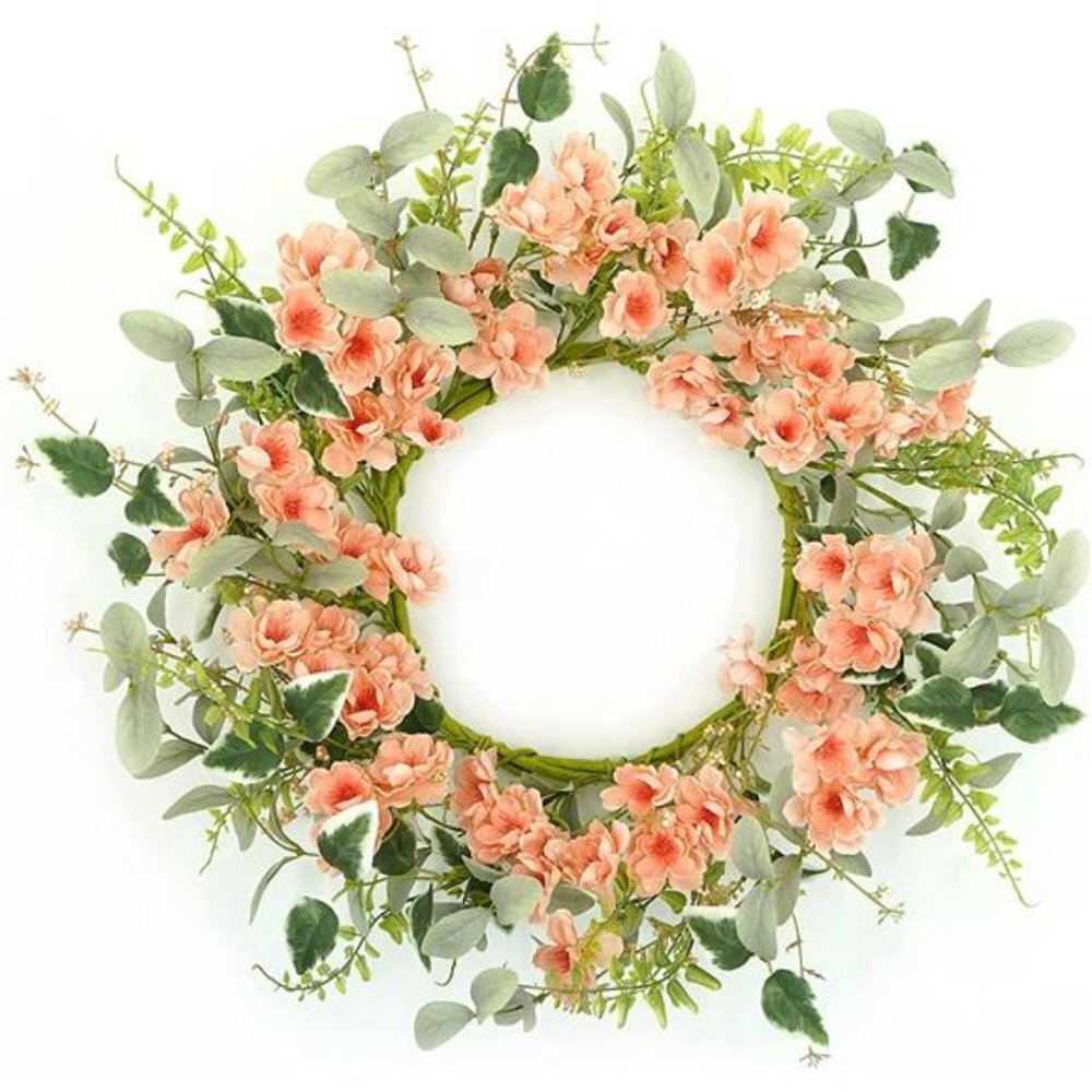 20" Artificial Spring Summer Wreath with Pink Cherry Blossoms Flower Decor